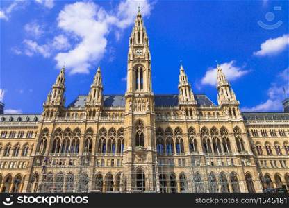 Vienna capital, impressive gothic architecture of City hall. Symbol of Vienna. Travel and landmarks of Austria. Vienna City Hall (German: Wiener Rathaus