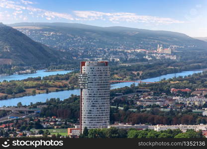 Vienna city panorama, view on the Danube banks, Austria.