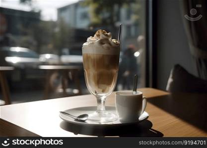 Vienna coffee in tall transparent glass on table in modern cafe with large windows and sunlight. AI Generative content