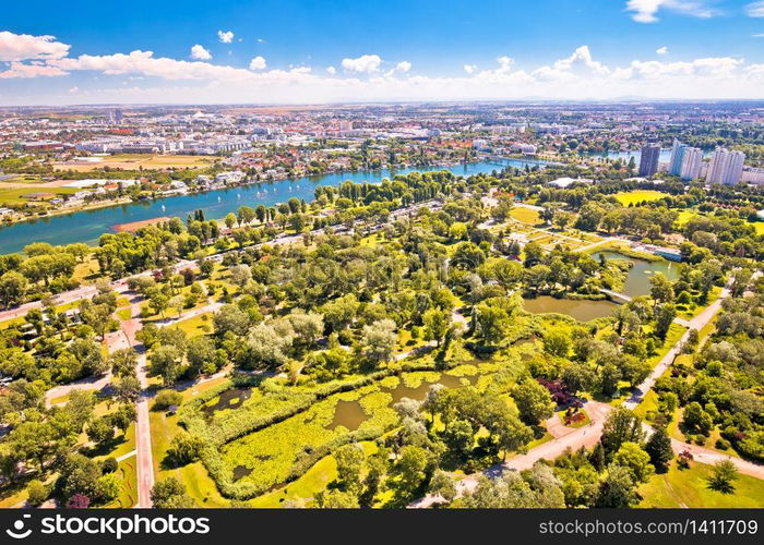 Vienna. Green landscape of Donaupark and aerial view of Vienna suburbs, Donaustadt, capital of Austria