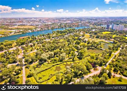 Vienna. Green landscape of Donaupark and aerial view of Vienna suburbs, Donaustadt, capital of Austria