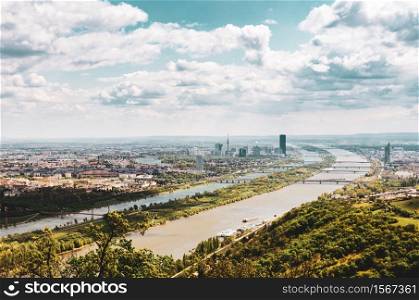 Vienna landscape with Danube river from Kahlenberg mountain. Kahlenberg, Vienna landscape with Danube river