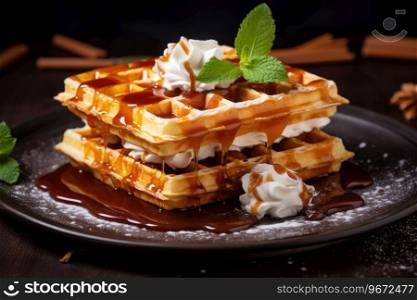 Viennese waffles with buttercream and honey for breakfast. Viennese waffles with buttercream and honey