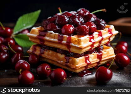 Viennese waffles with cherries and jam. Viennese waffles with cherries