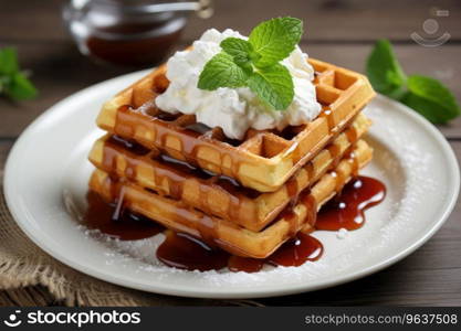 Viennese waffles with cottage cheese cream and honey for breakfast. Viennese waffles with cottage cheese cream and honey