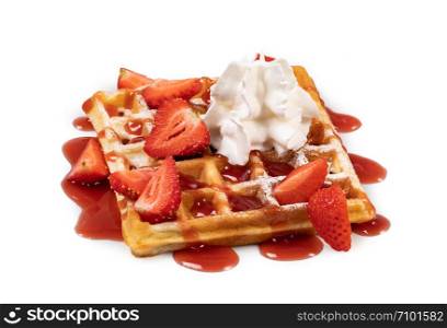 viennese waffles with strawberry and sweet syrup isolated on white background. viennese waffles with strawberry