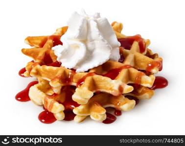 viennese waffles with strawberry and sweet syrup isolated on white background. viennese waffles with strawberry