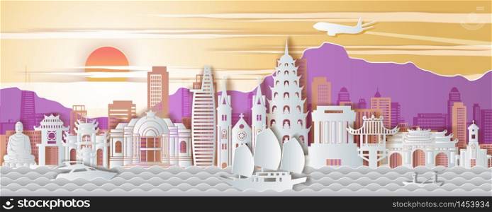 Vietnam famous landmarks paper art style with purple yellow and white color,vector illustration