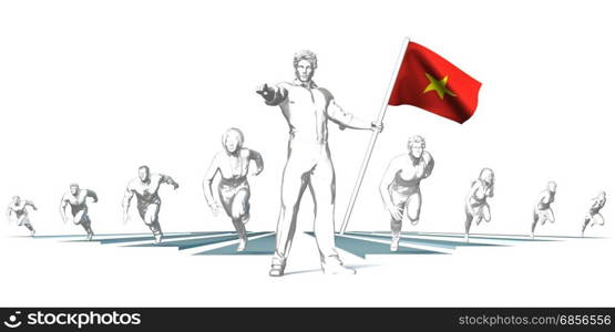 Vietnam Racing to the Future with Man Holding Flag. Vietnam Racing to the Future