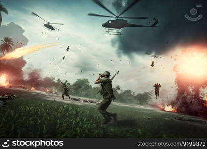 Vietnam war with helicopters and explosions. Neural network AI generated art. Vietnam war with helicopters and explosions. Neural network AI generated