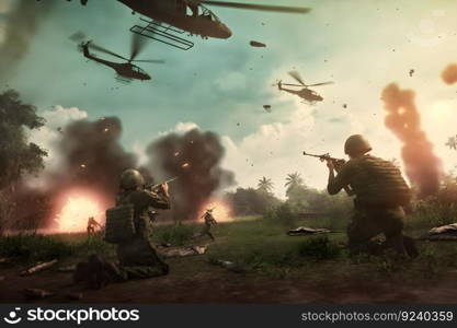Vietnam war with helicopters and explosions. Neural network AI generated art. Vietnam war with helicopters and explosions. Neural network AI generated