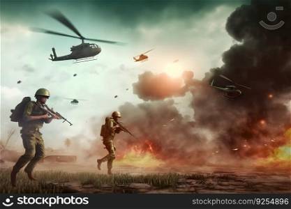 Vietnam war with helicopters and explosions. Neural network AI generated art. Vietnam war with helicopters and explosions. Neural network AI generated