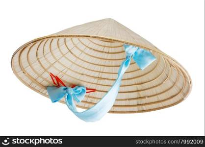Vietnamese conical hat with blue ribbon isolated on white, studio shot