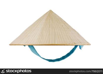 Vietnamese conical hat with blue ribbon isolated on white, studio shot