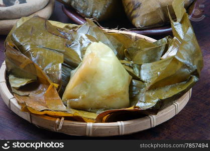 Vietnamese food, Banh Gio or pyramid shaped rice dough dumpling filled with pork, shallot, andwood ear mushroomwrapped in banana leaf, is delicious street food, dish make from rice flour