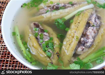 Vietnamese food, soup of bitter melon stuffed with ground meat, a nutrition, popular dish in Vietnam meal, bitter gourd rich vitamin, can anti diabetes, season with spring onion, peziza.