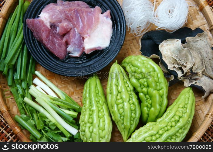 Vietnamese food, soup of bitter melon stuffed with ground meat, a nutrition, popular dish in Vietnam meal, bitter gourd rich vitamin, can anti diabetes, season with spring onion, peziza.