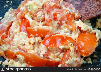 Vietnamese food, tomato saute egg, popular Vietnam food in Viet Nam meal, ingredient as egg, tomato, season with scallion, pepper, verry nutrition, cheap dish, for diet or vegeterian, anti cancer