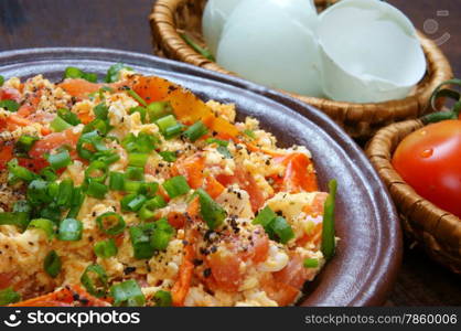 Vietnamese food, tomato saute egg, popular Vietnam food in Viet Nam meal, ingredient as egg, tomato, season with scallion, pepper, verry nutrition, cheap dish, for diet or vegeterian, anti cancer