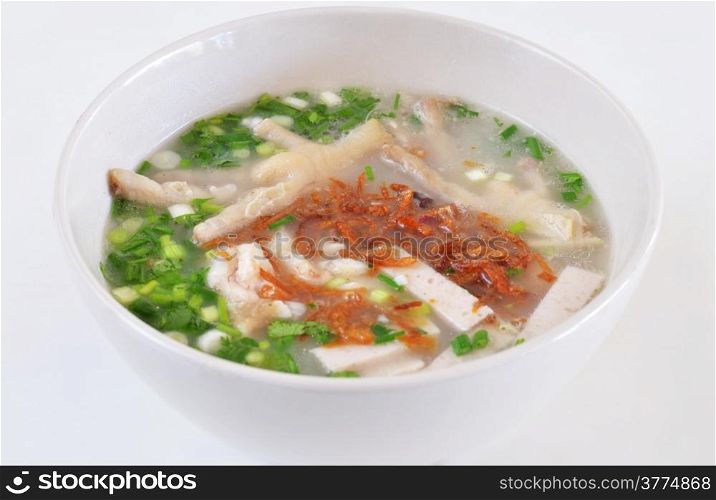 vietnamese soup noodles with chicken , vegetable , vietnamese sausage and fried onion