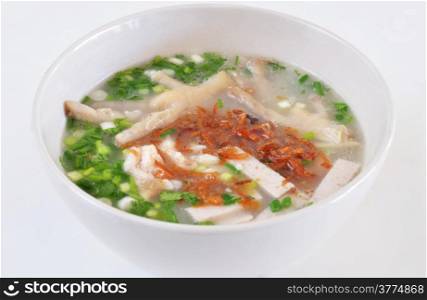 vietnamese soup noodles with chicken , vegetable , vietnamese sausage and fried onion