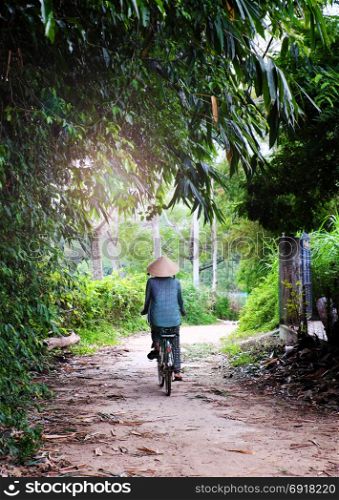 Vietnamese woman ride bicycle on countryside road, people move on pathway with green scene, bike is popular transport at Vietnam village
