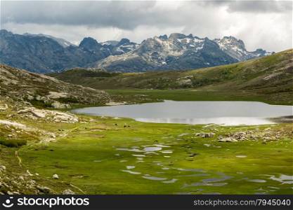 View across Lac De Nino in Corsica with a stream meandering across a green plain in foreground and dark clouds and snow capped mountains in the background