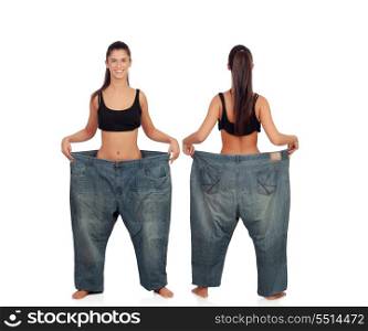 View ahead and behind thin girl with big pants isolated on a white background