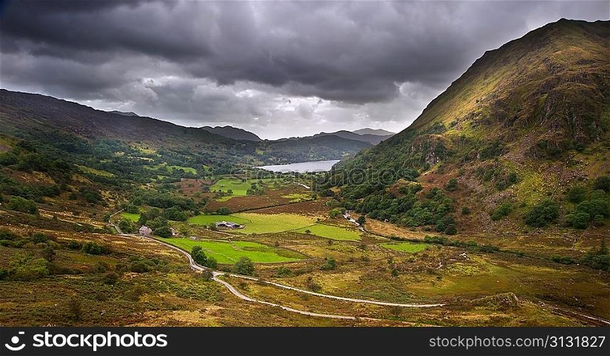 View along Beddgelert valley to Llyn Dinas in Snowdonia National Park
