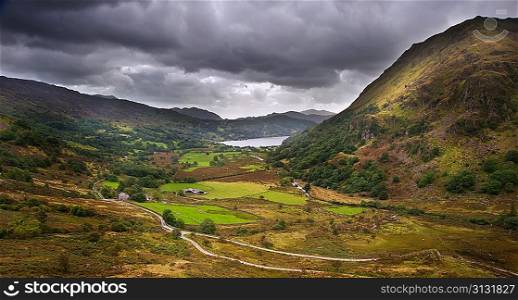 View along Beddgelert valley to Llyn Dinas in Snowdonia National Park