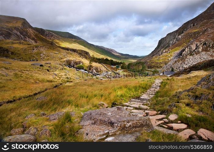 View along Nant Francon mountain valley in Snowdonia National Paark in Wales