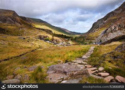 View along Nant Francon mountain valley in Snowdonia National Paark in Wales