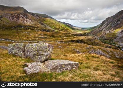View along Nant Francon mountain valley in Snowdonia National Park in Wales