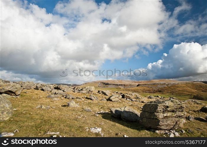 View along Norber Ridge towards Moughton Scar in distance in Yorkshire Dales National Park