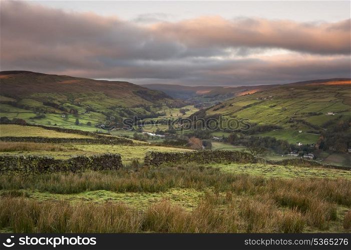 View along Swaledale in Yorkshire Dales National Park during Autumn sunrise