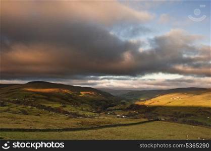 View along Swaledale valley towards Gunnerside in Yorkshire Dales National Park