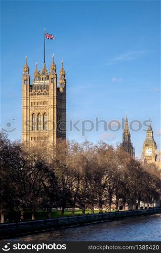 View along the River Thames to the Houses of Parliament