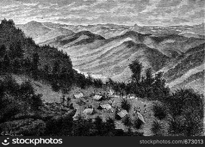 View and camp at night, on the road to Ban Muang Yang Con Ham, vintage engraved illustration. Le Tour du Monde, Travel Journal, (1872).
