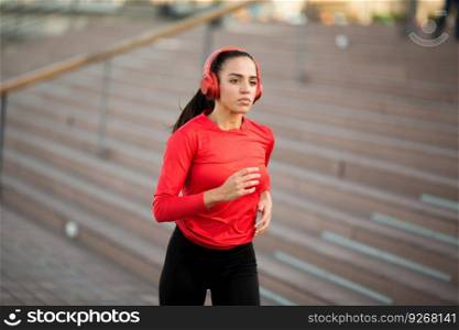 View at active young beautiful woman running in urban enviroment