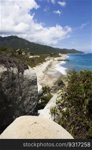 View at beautiful wild caribbean beach landscape at Tayrona, Colombia