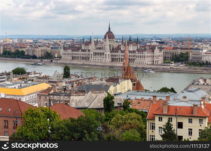 View at Budapest skyline with Hungarian parliament building and Danube river. View at Budapest with hungarian parliament building along river Danube