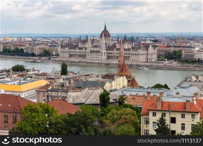 View at Budapest skyline with Hungarian parliament building and Danube river. View at Budapest with hungarian parliament building along river Danube