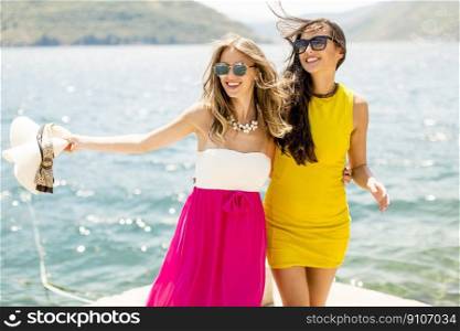 View at female friends having fun on the sea shore on sunny day