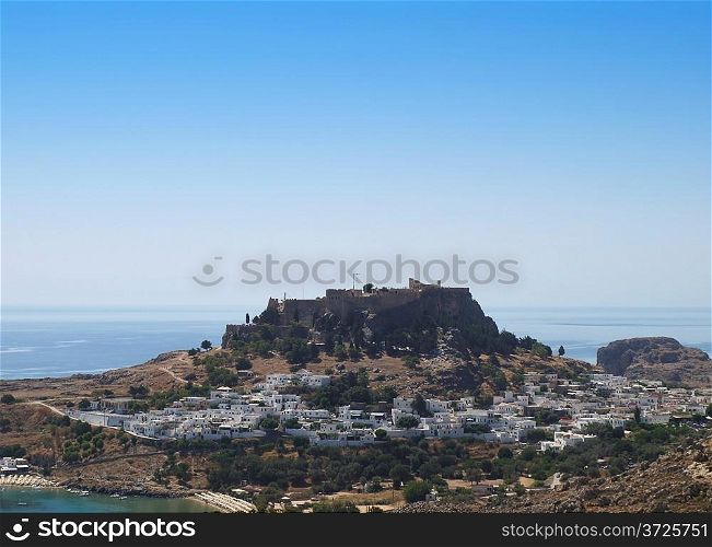 View at Lindos town and acropolis. Rhodes island, Greece