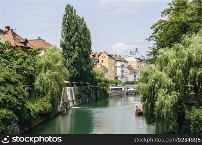 View at Ljubljanica river in Ljubljana, Slovenia