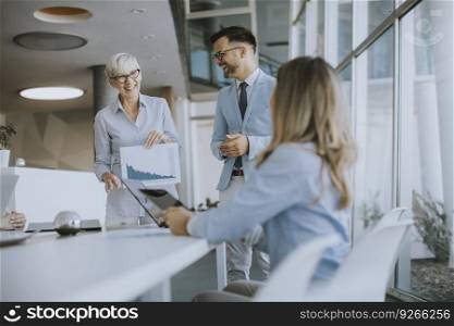 View at mature business woman explaining project details on a meeting in office