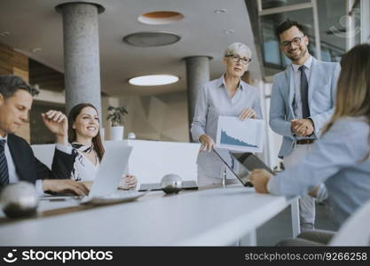 View at mature business woman explaining project details on a meeting in office