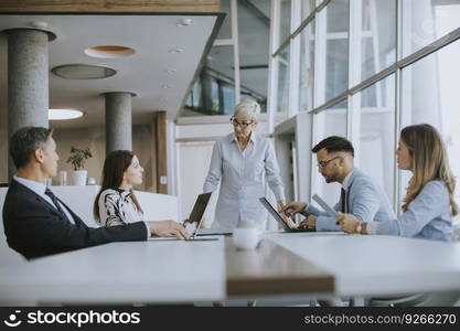 View at mature business woman explaining project details on a meeting in office