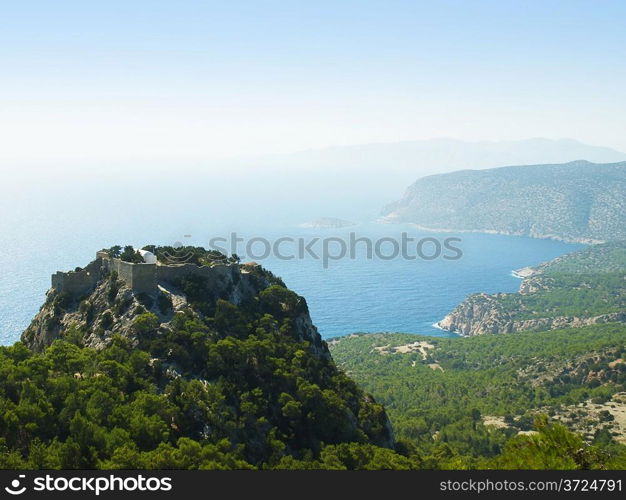 View at Monolithos knights castle and Aegean sea, Rhodes island, Greece