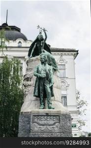View at Preseren Monument in Ljubljana, Slovenia. Statue of famous Slovenian poet was made by Ivan Zajec and ceremonially unveiled at 1905.